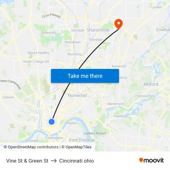 Vine St & Green St to Cincinnati ohio map