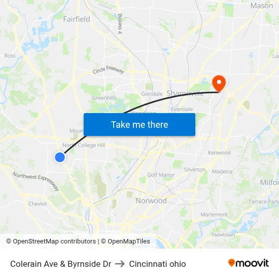 Colerain Ave & Byrnside Dr to Cincinnati ohio map