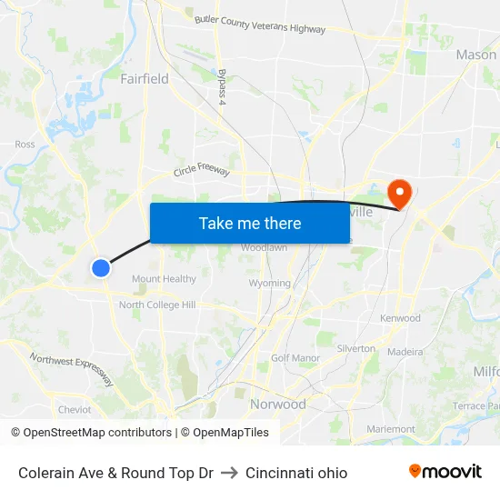 Colerain Ave & Round Top Dr to Cincinnati ohio map