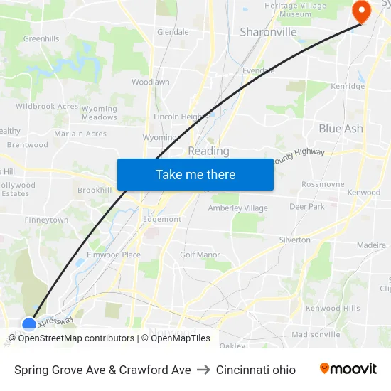 Spring Grove Ave & Crawford Ave to Cincinnati ohio map