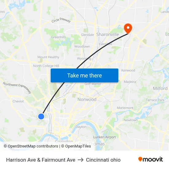 Harrison Ave & Fairmount Ave to Cincinnati ohio map