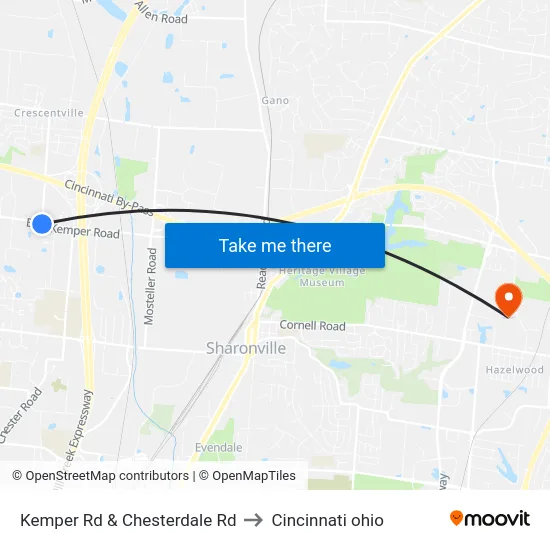 Kemper Rd & Chesterdale Rd to Cincinnati ohio map