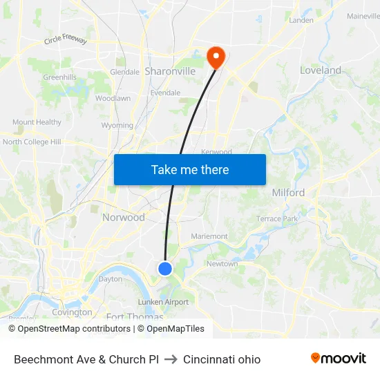 Beechmont Ave & Church Pl to Cincinnati ohio map