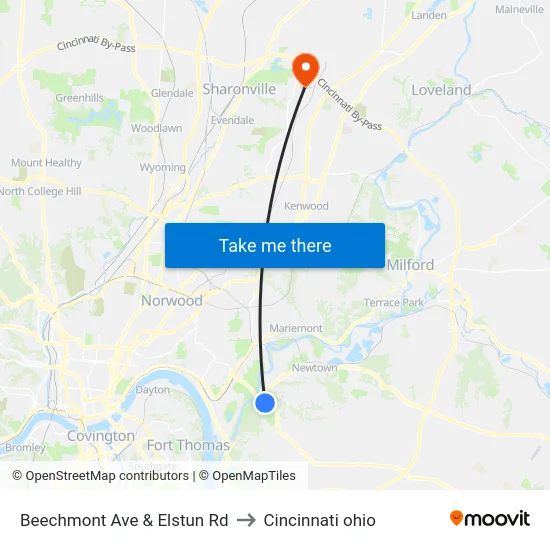Beechmont Ave & Elstun Rd to Cincinnati ohio map