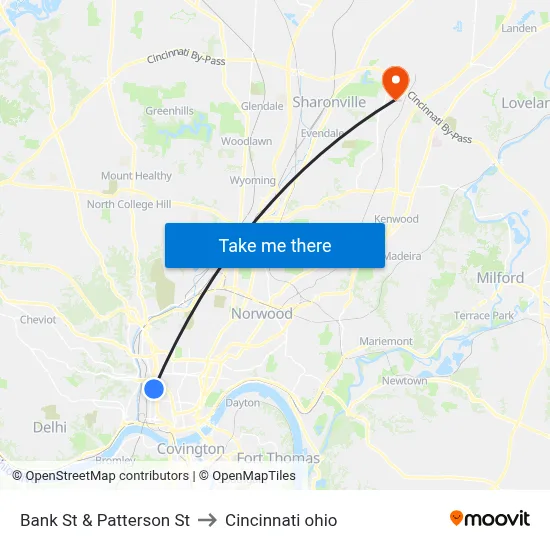Bank St & Patterson St to Cincinnati ohio map