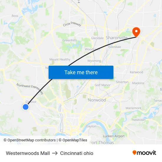 Westernwoods Mall to Cincinnati ohio map