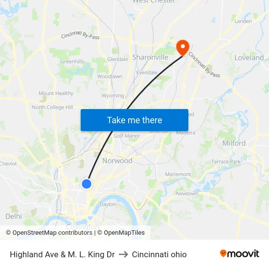 Highland Ave & M. L. King Dr to Cincinnati ohio map