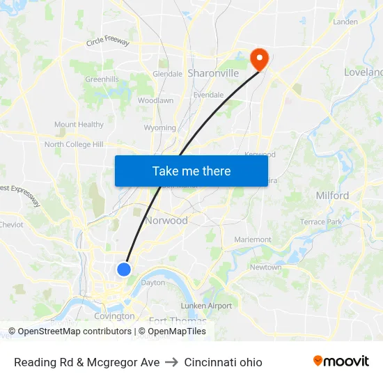 Reading Rd & Mcgregor Ave to Cincinnati ohio map