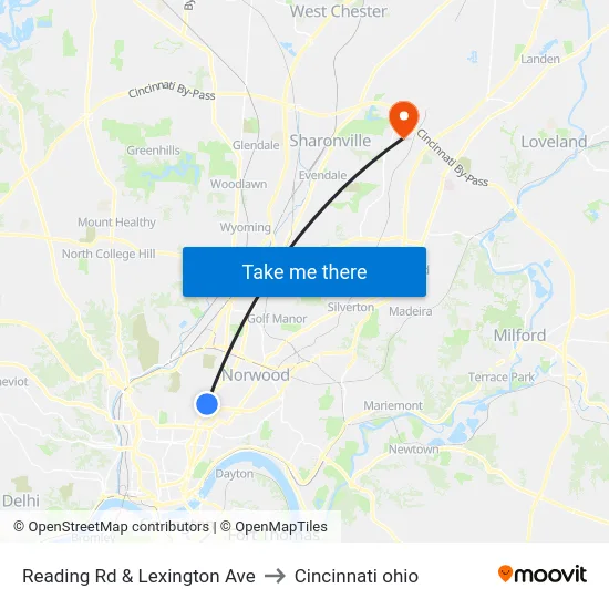 Reading Rd & Lexington Ave to Cincinnati ohio map
