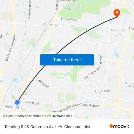 Reading Rd & Columbia Ave to Cincinnati ohio map