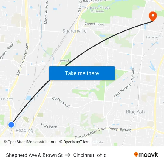 Shepherd Ave & Brown St to Cincinnati ohio map