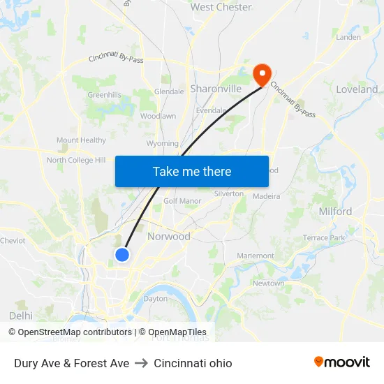 Dury Ave & Forest Ave to Cincinnati ohio map