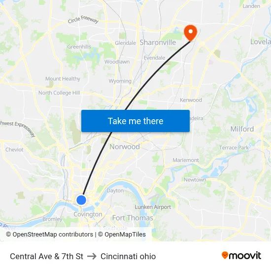 Central Ave & 7th St to Cincinnati ohio map