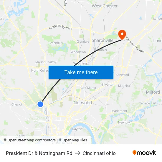President Dr & Nottingham Rd to Cincinnati ohio map