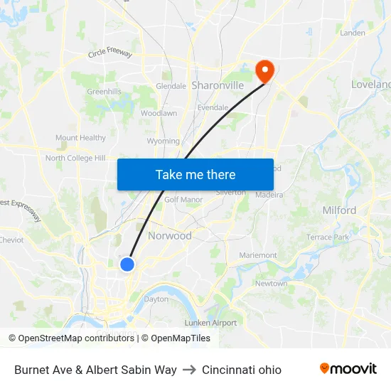 Burnet Ave & Albert Sabin Way to Cincinnati ohio map