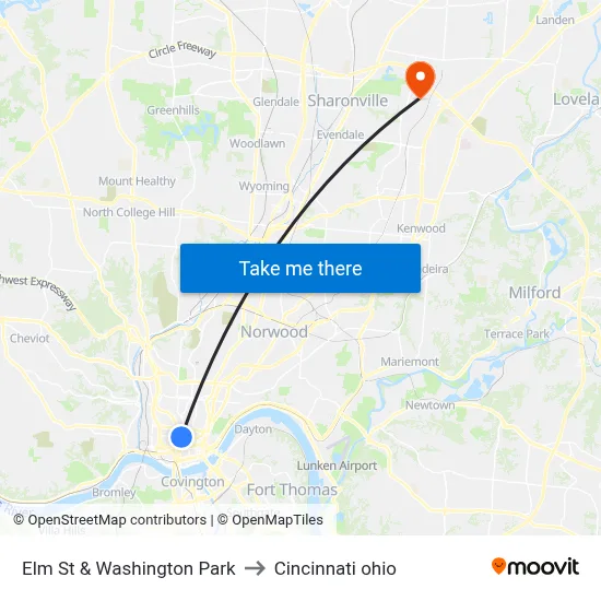 Elm St & Washington Park to Cincinnati ohio map