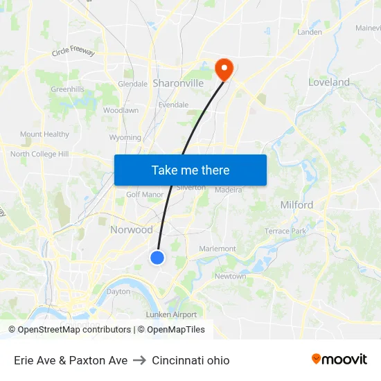 Erie Ave & Paxton Ave to Cincinnati ohio map