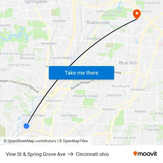 Vine St & Spring Grove Ave to Cincinnati ohio map