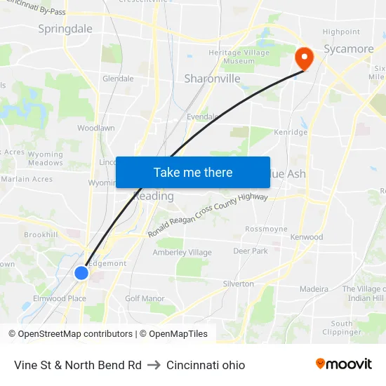 Vine St & North Bend Rd to Cincinnati ohio map