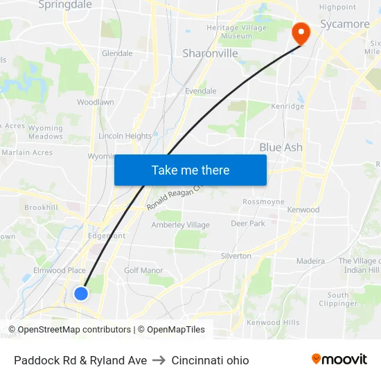 Paddock Rd & Ryland Ave to Cincinnati ohio map