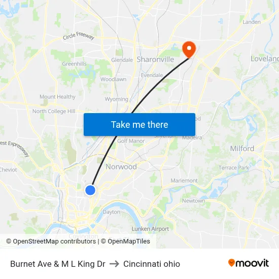 Burnet Ave & M L King Dr to Cincinnati ohio map