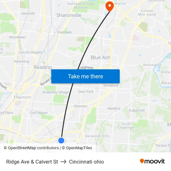 Ridge Ave & Calvert St to Cincinnati ohio map