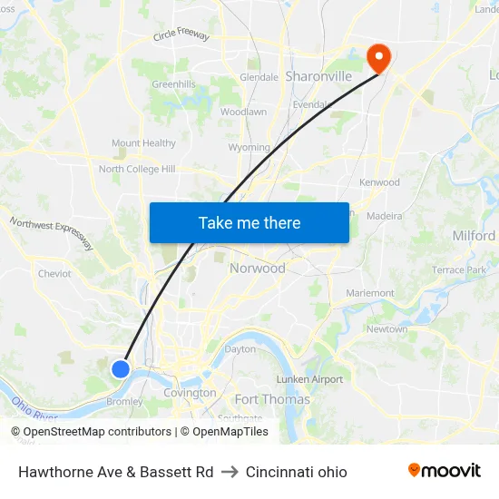 Hawthorne Ave & Bassett Rd to Cincinnati ohio map