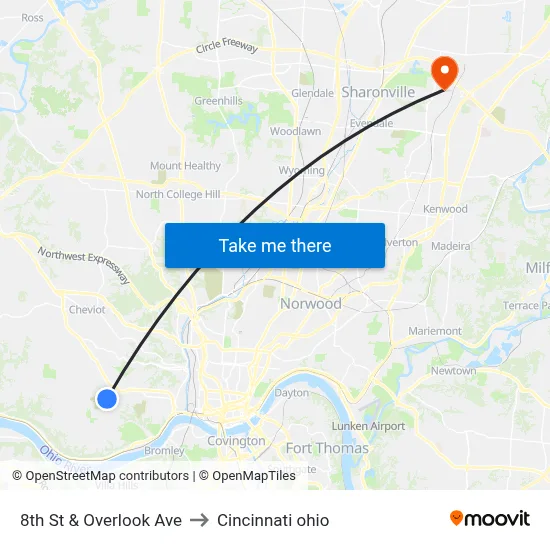 8th St & Overlook Ave to Cincinnati ohio map