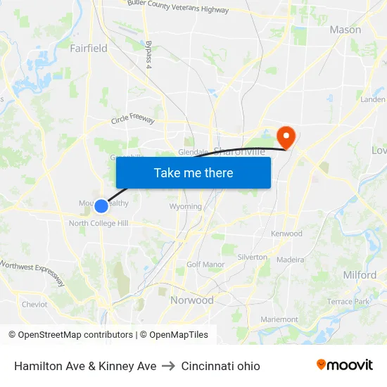 Hamilton Ave & Kinney Ave to Cincinnati ohio map