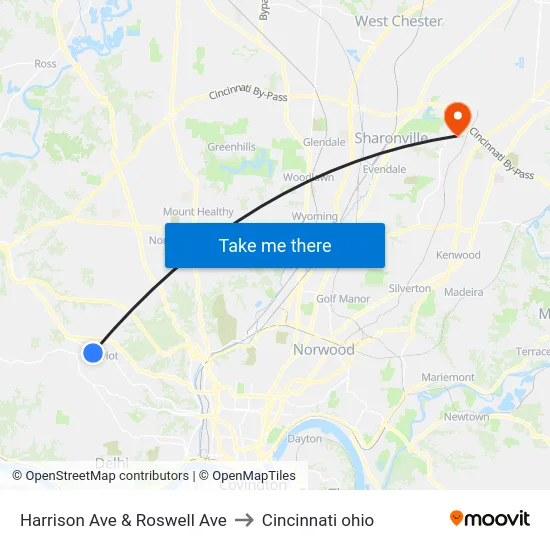 Harrison Ave & Roswell Ave to Cincinnati ohio map