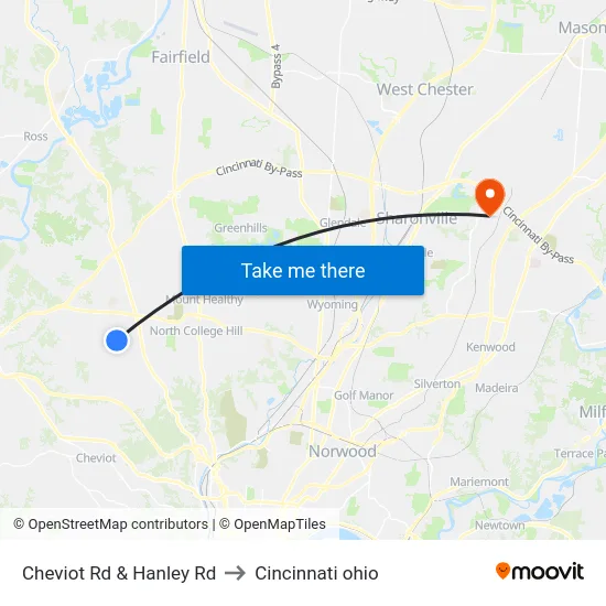 Cheviot Rd & Hanley Rd to Cincinnati ohio map