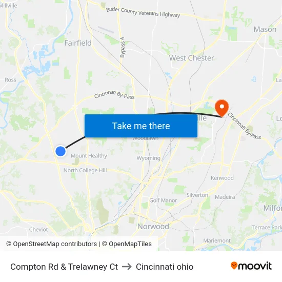 Compton Rd & Trelawney Ct to Cincinnati ohio map