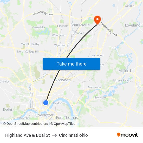 Highland Ave & Boal St to Cincinnati ohio map