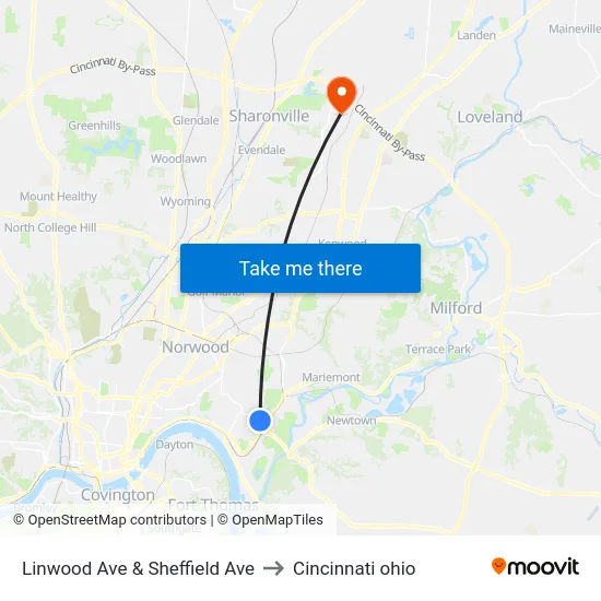 Linwood Ave & Sheffield Ave to Cincinnati ohio map