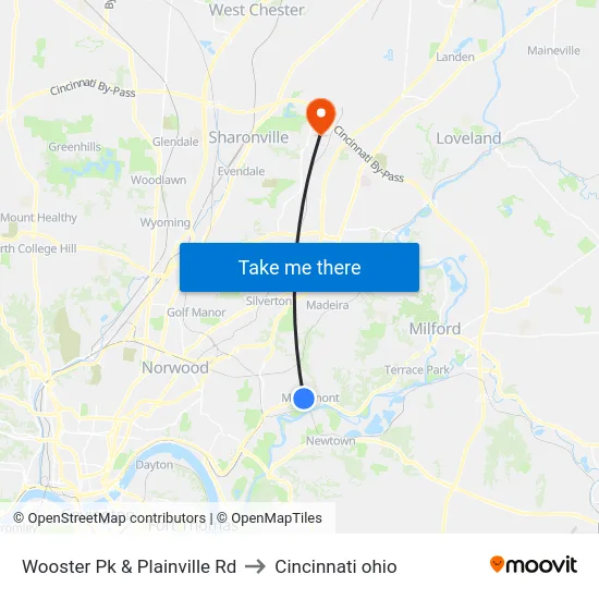 Wooster Pk & Plainville Rd to Cincinnati ohio map