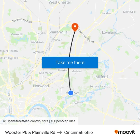 Wooster Pk & Plainville Rd to Cincinnati ohio map