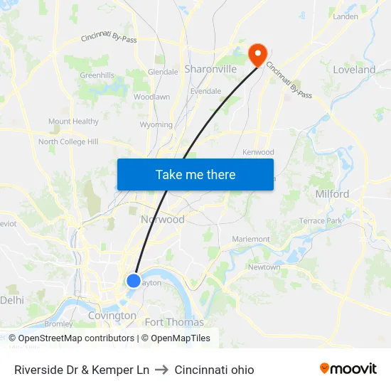 Riverside Dr & Kemper Ln to Cincinnati ohio map