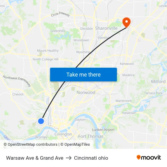 Warsaw Ave & Grand Ave to Cincinnati ohio map