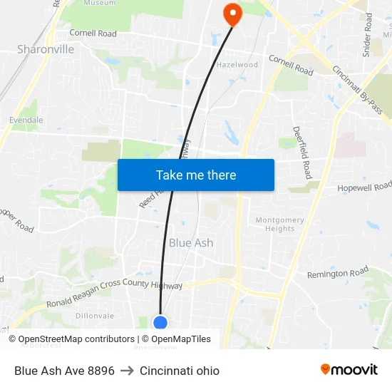 Blue Ash Ave 8896 to Cincinnati ohio map