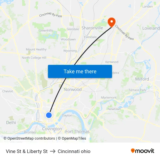 Vine St & Liberty St to Cincinnati ohio map