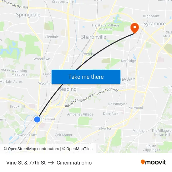 Vine St & 77th St to Cincinnati ohio map