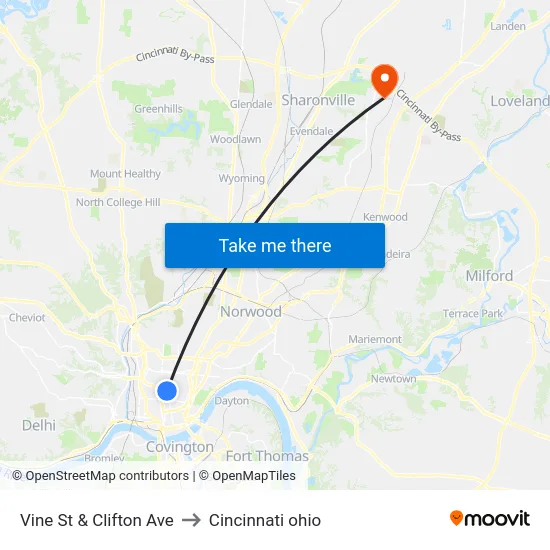 Vine St & Clifton Ave to Cincinnati ohio map