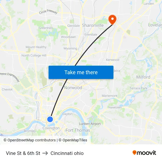 Vine St & 6th St to Cincinnati ohio map