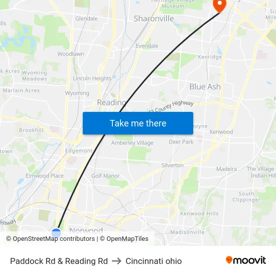 Paddock Rd & Reading Rd to Cincinnati ohio map