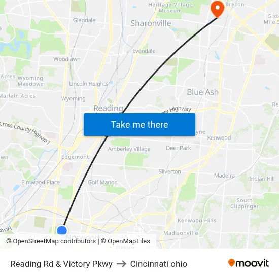 Reading Rd & Victory Pkwy to Cincinnati ohio map