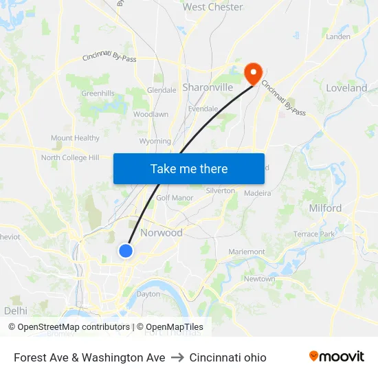 Forest Ave & Washington Ave to Cincinnati ohio map