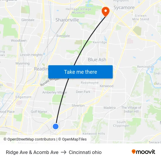 Ridge Ave & Acomb Ave to Cincinnati ohio map