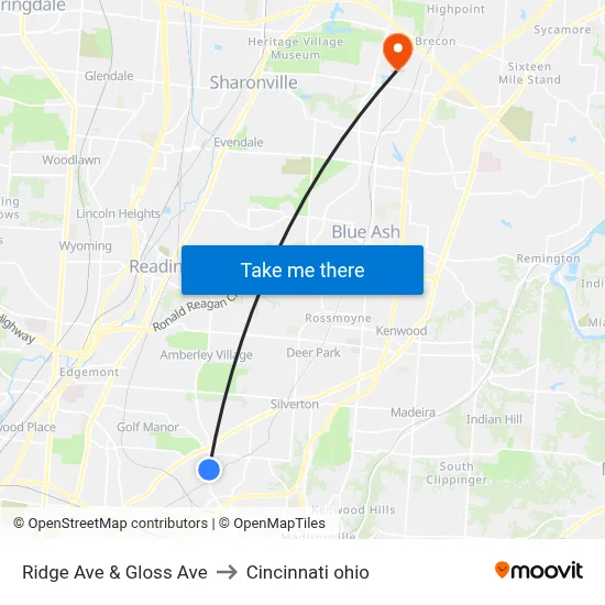 Ridge Ave & Gloss Ave to Cincinnati ohio map