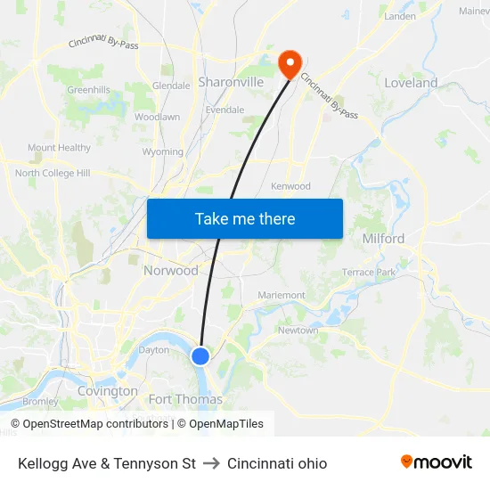 Kellogg Ave & Tennyson St to Cincinnati ohio map
