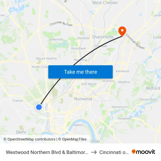 Westwood Northern Blvd & Baltimore Ave to Cincinnati ohio map